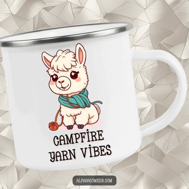 Funny camping mug featuring a kawaii alpaca humorously tangled in yarn while grazing, perfect for outdoor beverages and cozy moments.