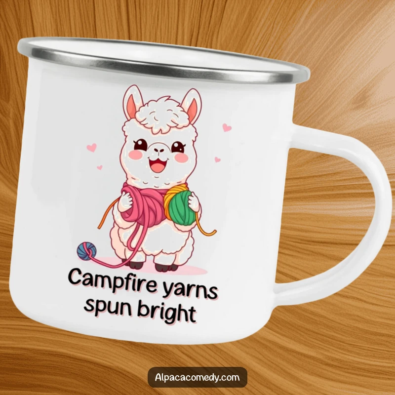 Funny Camping Mug: Cheerful kawaii alpaca sharing yarn, designed for outdoor gatherings and fostering connection.