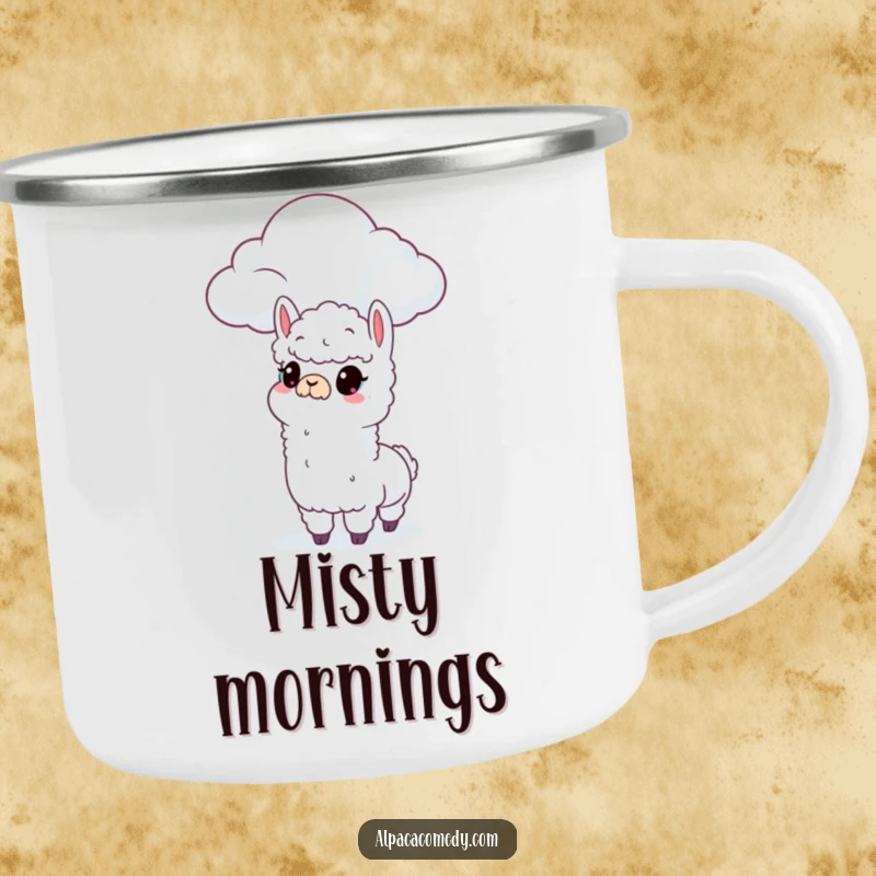 Funny camping mug with a curious alpaca character looking at a fluffy cloud, perfect for enjoying drinks outdoors.