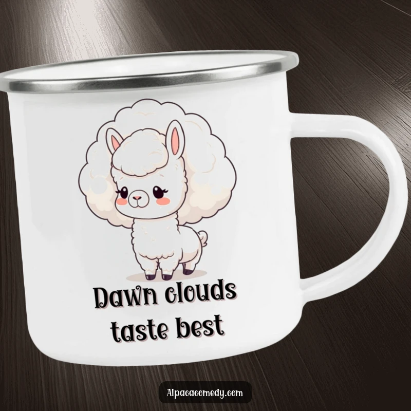 Funny Camping Mug: Gentle kawaii alpaca nuzzling a cloud, designed for peaceful outdoor enjoyment and celestial sipping.