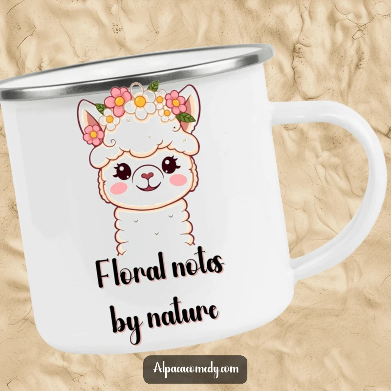 Funny Camping Mug: Sweet kawaii alpaca with a flower crown, designed for peaceful outdoor enjoyment and warm beverages.