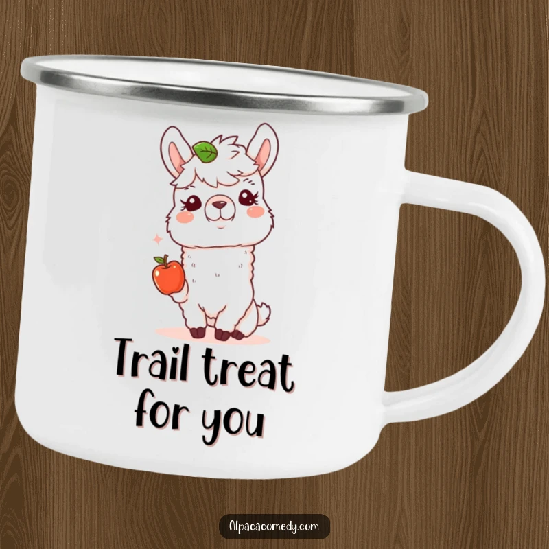 Funny Alpaca Camping Mug: A happy alpaca offers a tiny apple with a kind expression, perfect for sharing warmth on adventures.