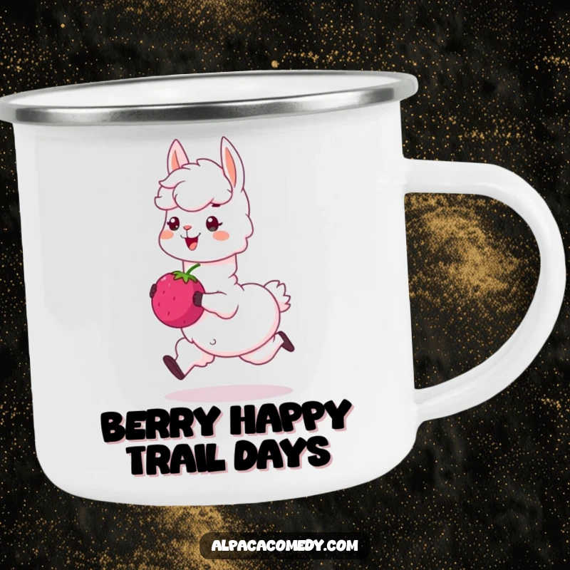 Funny camping mug: A happy alpaca skips gleefully with a giant sweet berry, perfect for outdoor enjoyment and humor.