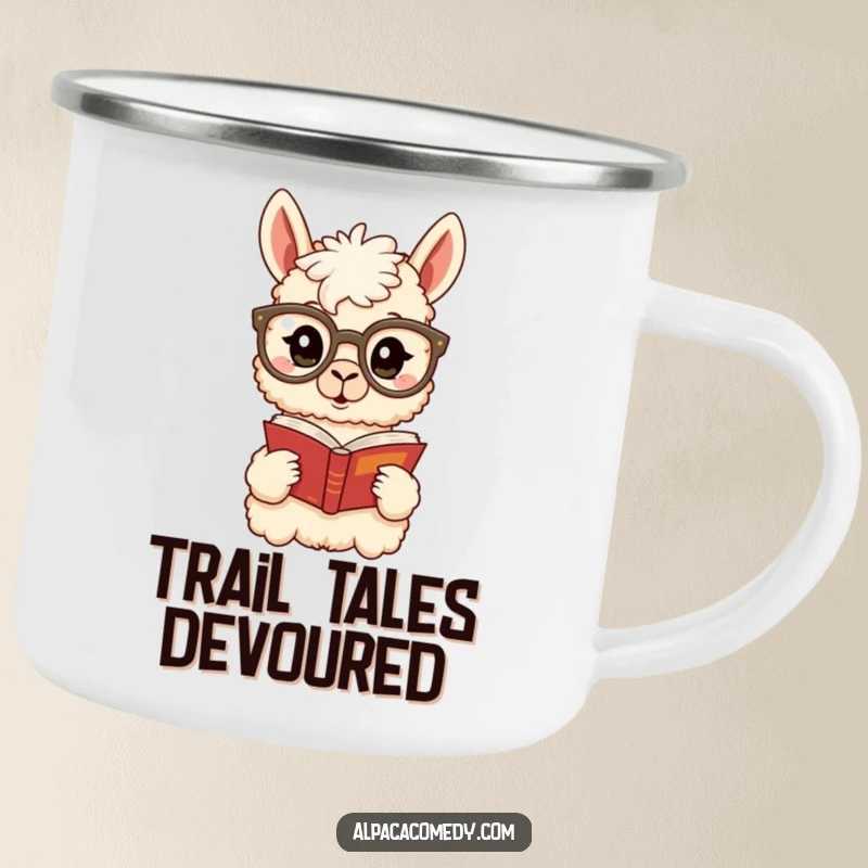 Funny Alpaca Camping Mug: A surprised alpaca in big glasses reads a book near a campfire, blending intellectual fun with outdoor adventures.