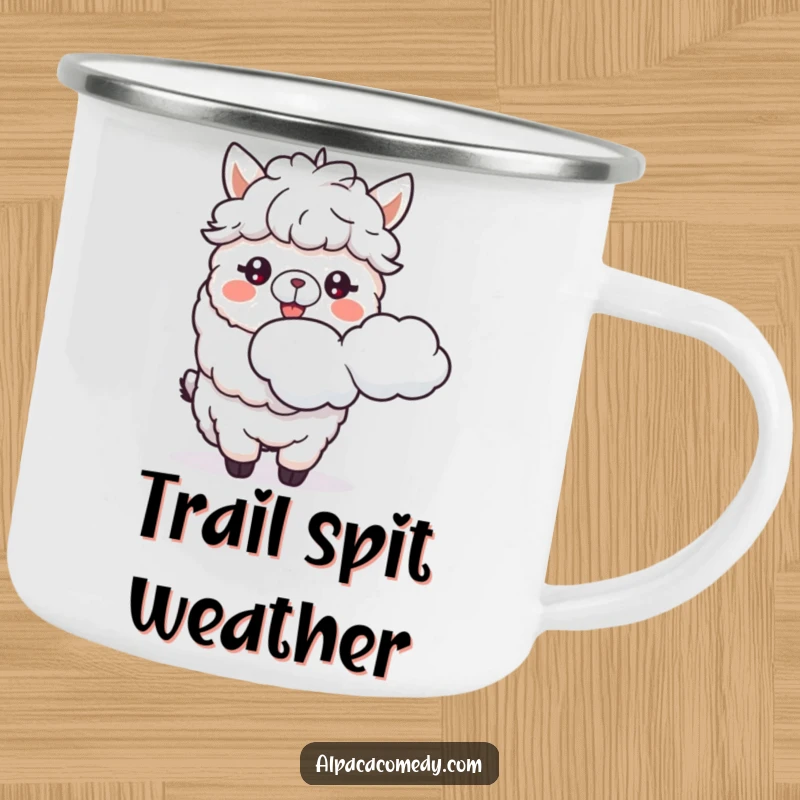 Funny camping mug with a cheerful alpaca spitting a cloud, designed for outdoor adventures and adding humor.