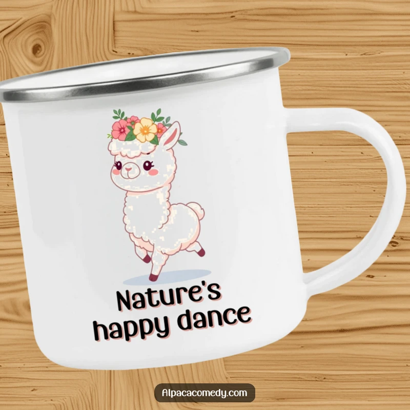 Funny camping mug featuring a fluffy alpaca wearing a flower crown, prancing joyfully, perfect for outdoor coffee or tea enjoyment.