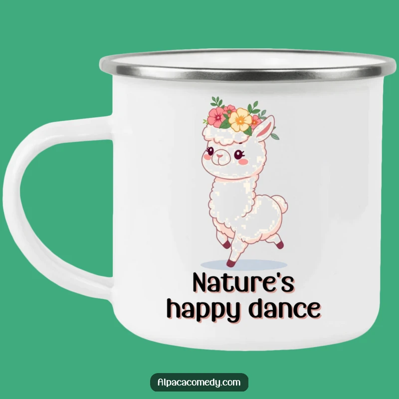Funny Alpaca Flower Crown Camping Mug, Adventure-Ready Prancing Alpaca Gift