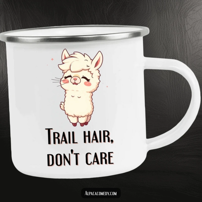 Funny Alpaca Camping Mug: A happy alpaca giggling while enjoying a refreshing breeze during a wind grooming moment.