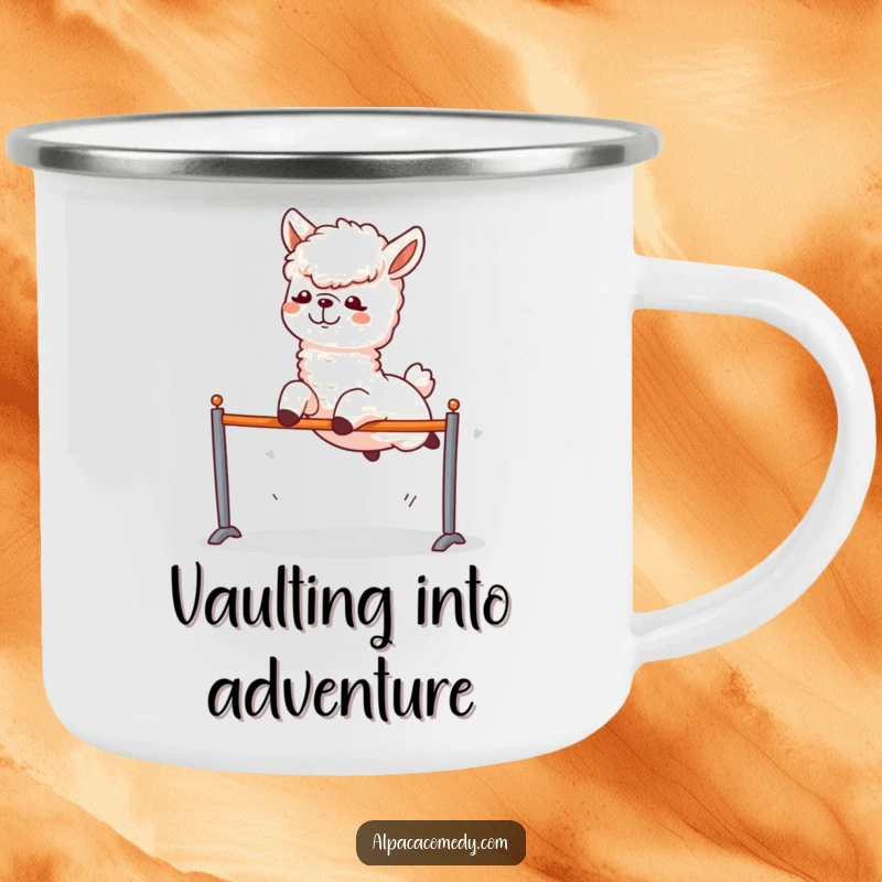 Funny Alpaca Camping Mug: An alpaca excitedly leaping over a hurdle, bringing a funny spirit to outdoor adventures.
