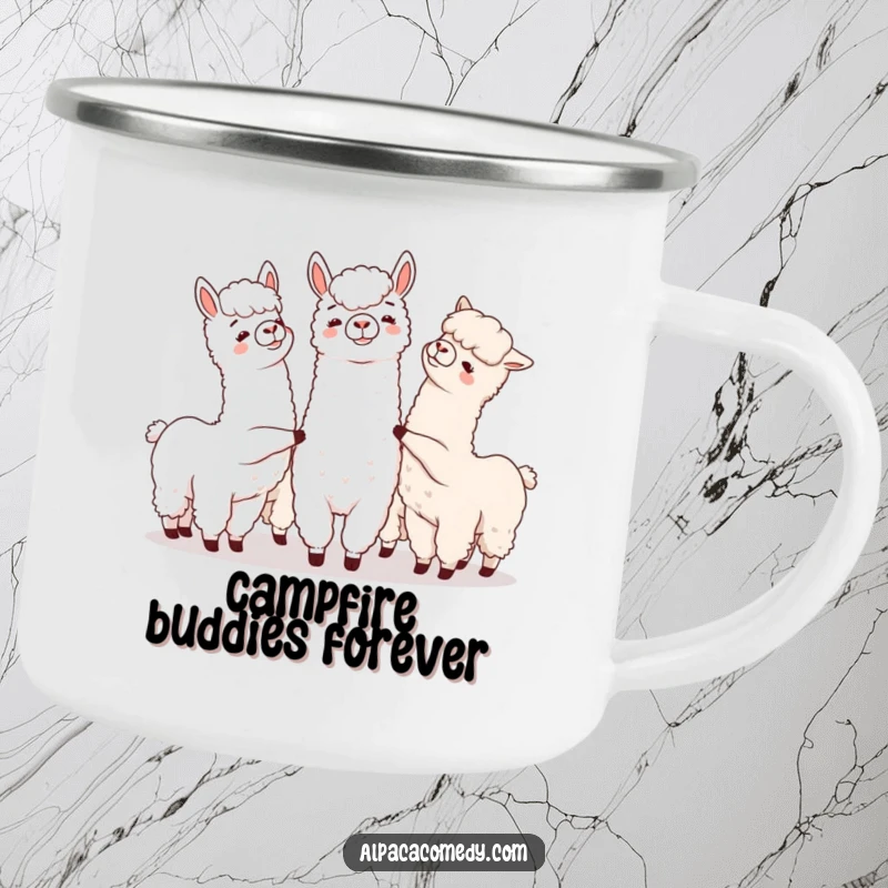 Funny camping mug featuring a group of alpacas playfully nudging each other, perfect for outdoor drinks and good company.