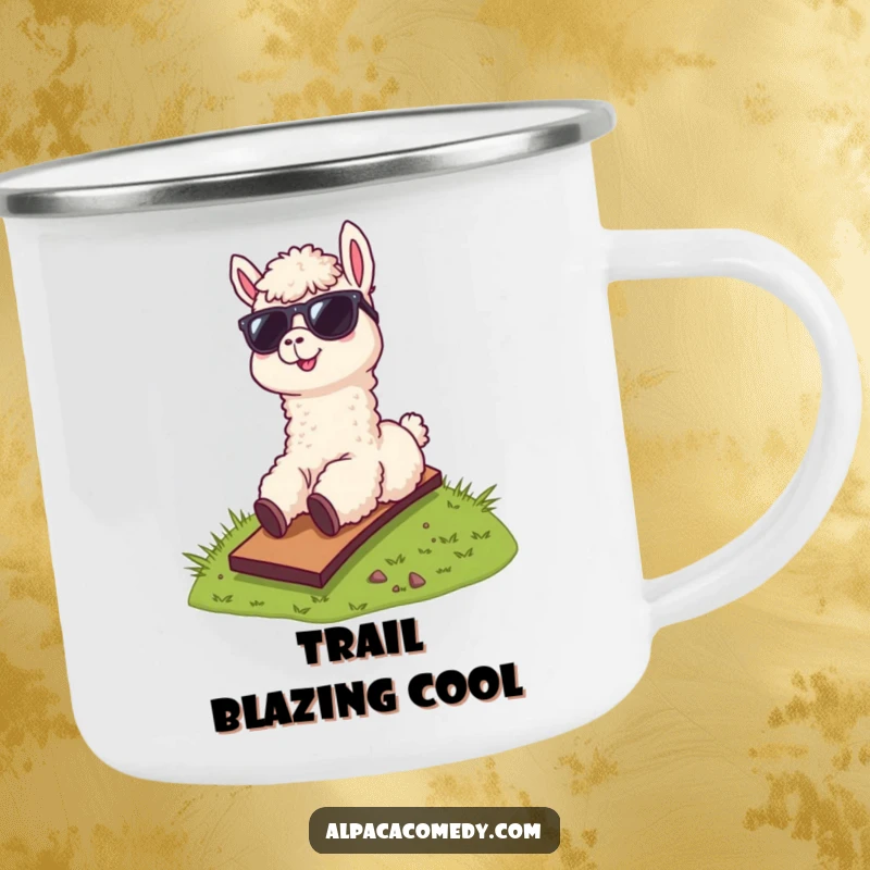 Funny camping mug featuring a cool alpaca wearing sunglasses, hilariously sliding down a grassy hill, perfect for outdoor drinks.