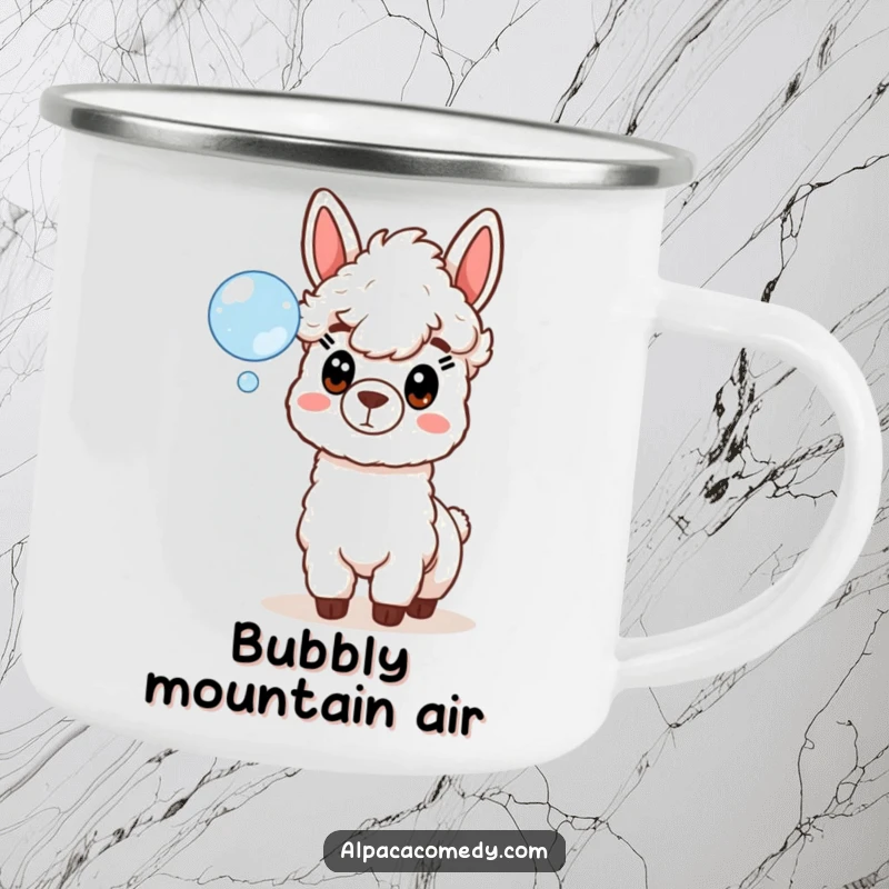 Funny camping mug showing a wide-eyed alpaca utterly surprised by a delicate, floating soap bubble, ideal for outdoor enthusiasts.