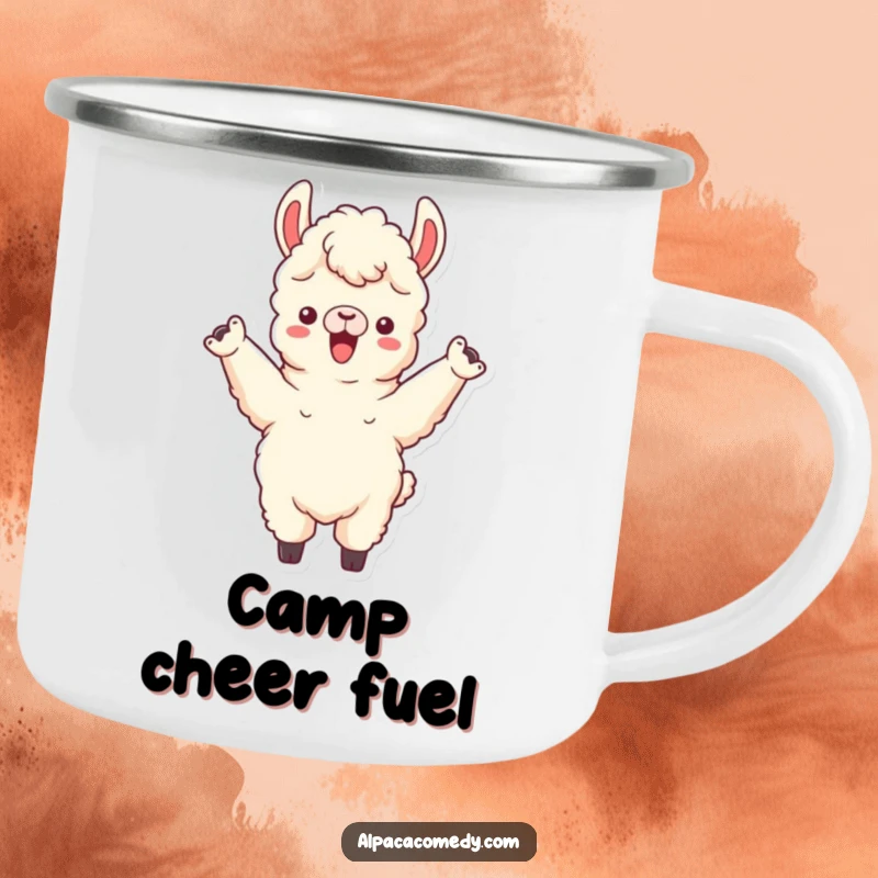 Funny camping mug featuring an alpaca character cheering with both front legs raised, perfect for enthusiastic outdoor celebrations.