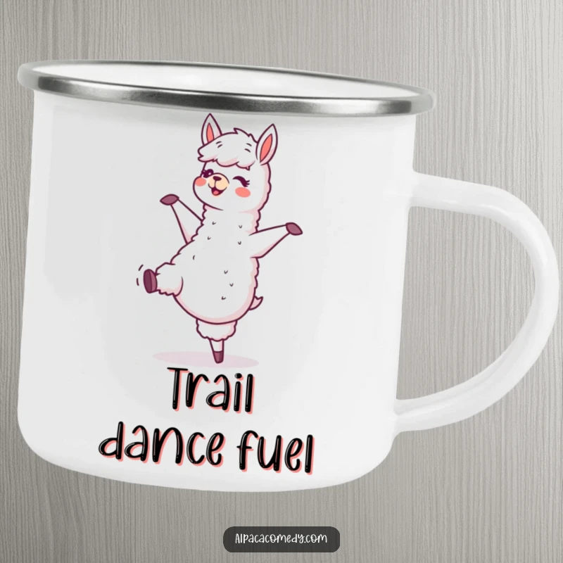 Funny camping mug featuring a joyful alpaca character dancing outdoors, hooves tapping, ready for adventure and morning coffee.