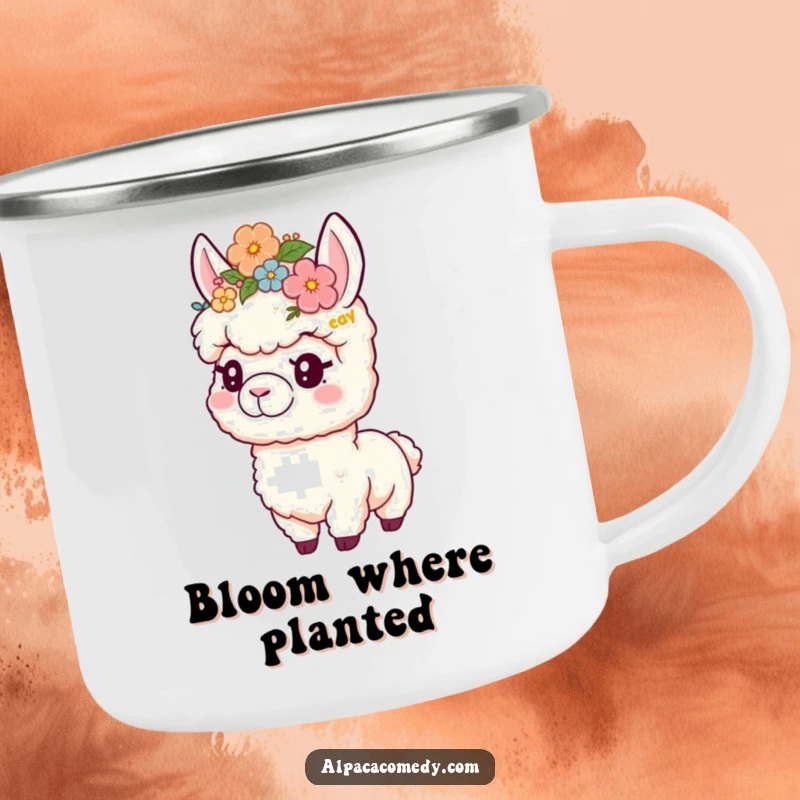 Funny camping mug with a playful alpaca wearing a flower crown, perfect for outdoor adventures and cute floral humor.