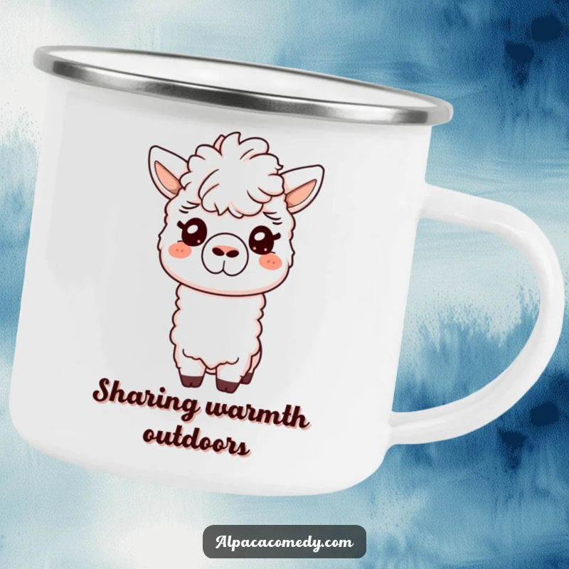 Funny camping mug featuring a friendly alpaca giving a gentle nuzzle with its snout, ideal for cozy outdoor moments and spreading warmth.