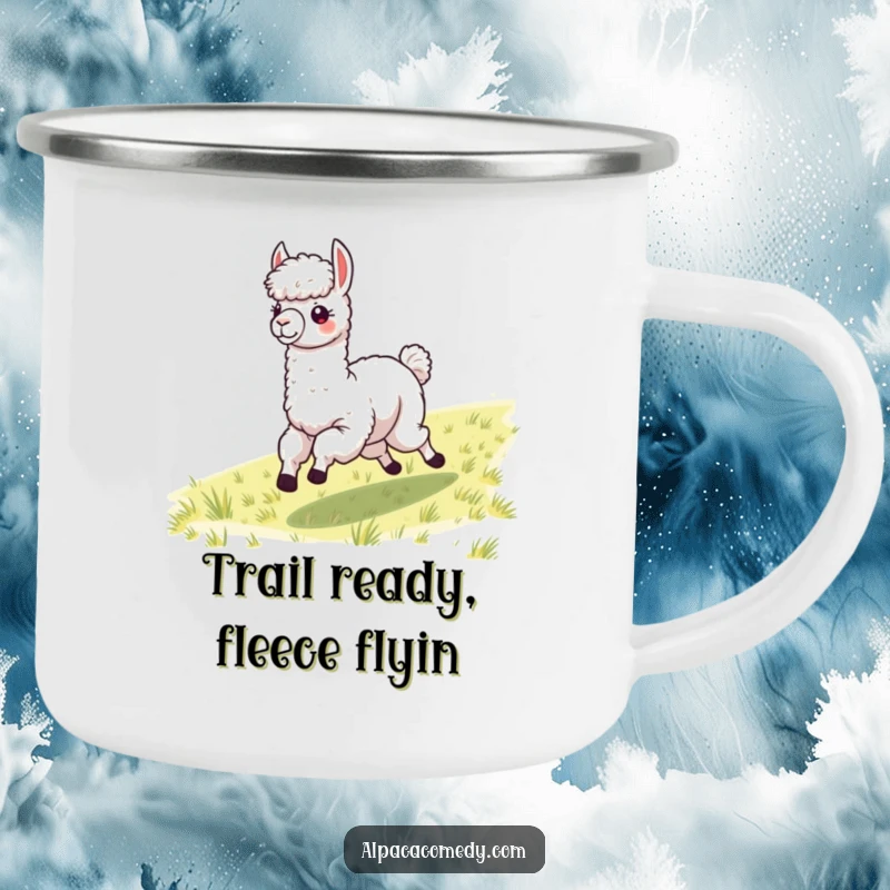 Funny alpaca with windblown fleece galloping across a landscape, printed on a rustic camping mug for humor.