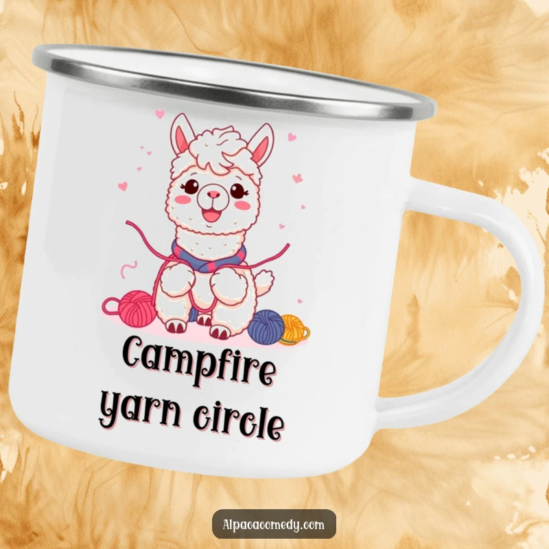 Funny Kawaii alpaca camping mug, sharing colorful yarn with friends, warm smile indicating joy and togetherness during outdoor excursions.