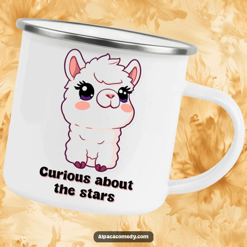 Funny Kawaii Alpaca Camping Mug featuring an alpaca with a curious expression looking upwards, built for rugged outdoor contemplation.