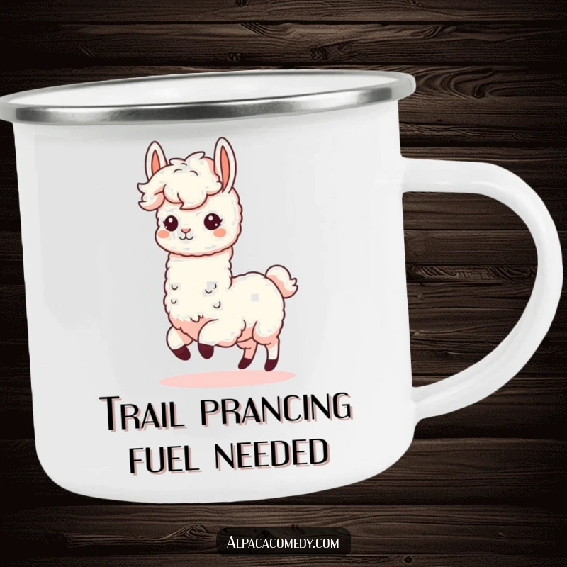 Funny Kawaii Alpaca Camping Mug featuring a fluffy-maned alpaca prancing happily, designed for outdoor fun and humorous moments.