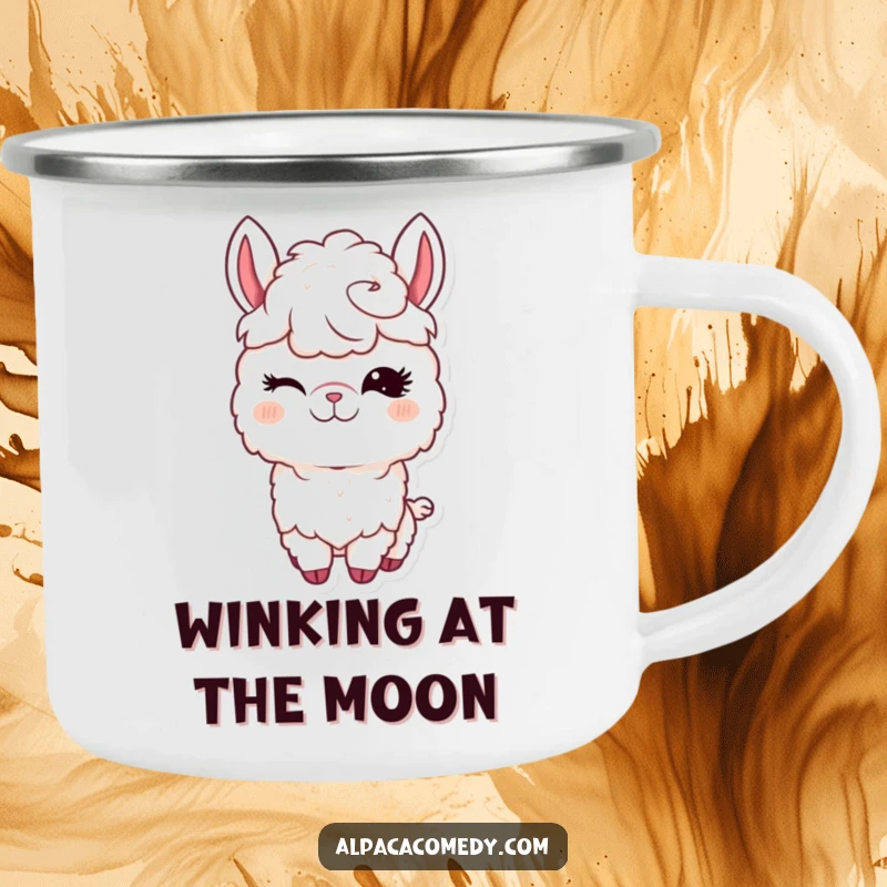 Funny Kawaii Alpaca Camping Mug featuring a cute alpaca winking with long eyelashes, built for rugged outdoor charm.