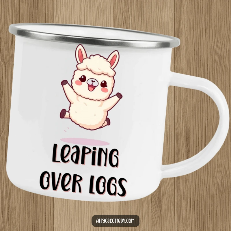 Funny Kawaii Alpaca Camping Mug featuring an alpaca joyfully leaping with soft, woolly legs, built for rugged outdoor fun.