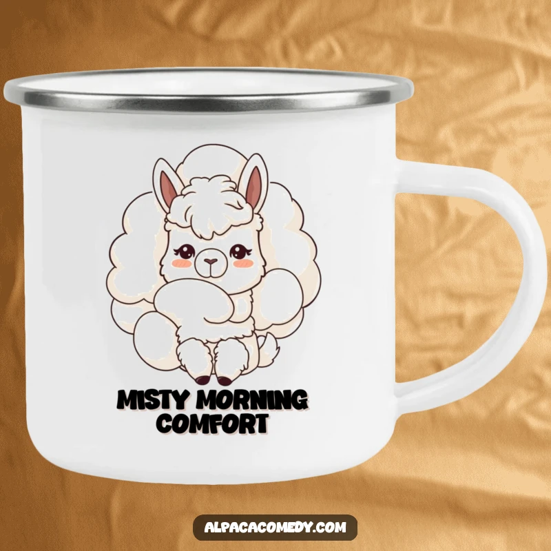Funny Kawaii alpaca camping mug, curiously nuzzling a fluffy cloud, gentle expression capturing a serene moment during outdoor journeys.