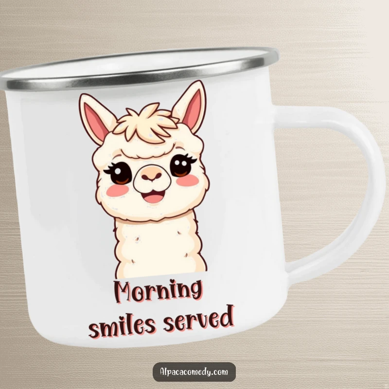 Funny Kawaii Alpaca Camping Mug featuring a smiling alpaca with a welcoming head tilt, perfect for humorous and cheerful outdoor adventures.