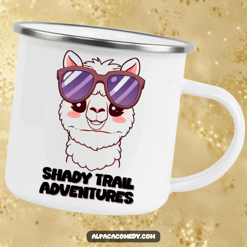 Funny Kawaii Alpaca Camping Mug featuring a happy alpaca wearing cool oversized sunglasses, perfect for adventurous and humorous outdoor moments.