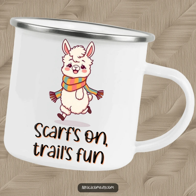 Funny camping mug featuring a playful alpaca character in a colorful scarf, skipping with glee, ready for any outdoor escapade.