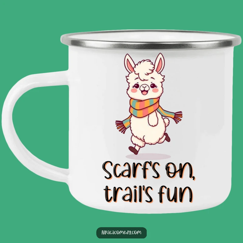 Funny Skipping Alpaca Camping Mug: Playful Character with Scarf, Outdoor Gift