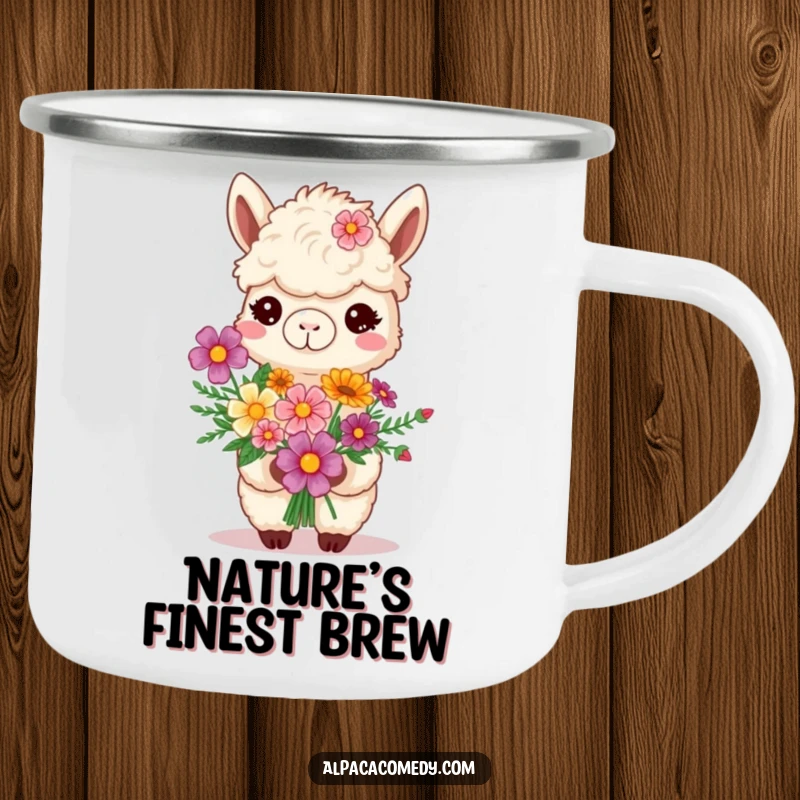 Funny smiling alpaca holding a bouquet of flowers, printed on a rustic camping mug for a humorous feel.