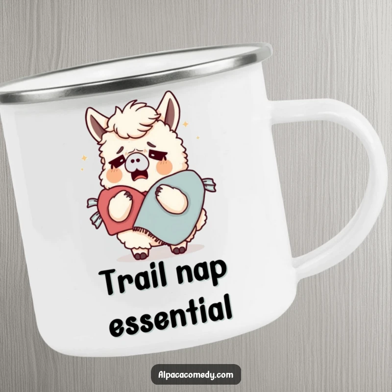 Funny camping mug featuring a tired alpaca yawning widely, clutching a cozy blanket, designed for comfort and humor during outdoor excursions.