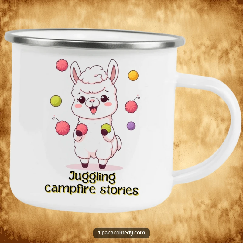Funny camping mug featuring a giggling alpaca character juggling colorful pompoms with its hooves, ready for any outdoor escapade.