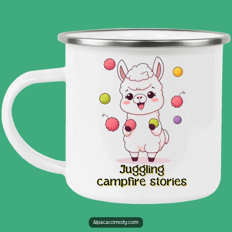 Funny Juggling Alpaca Camping Mug: Giggling Character, Colorful Pompoms, Outdoor Gift