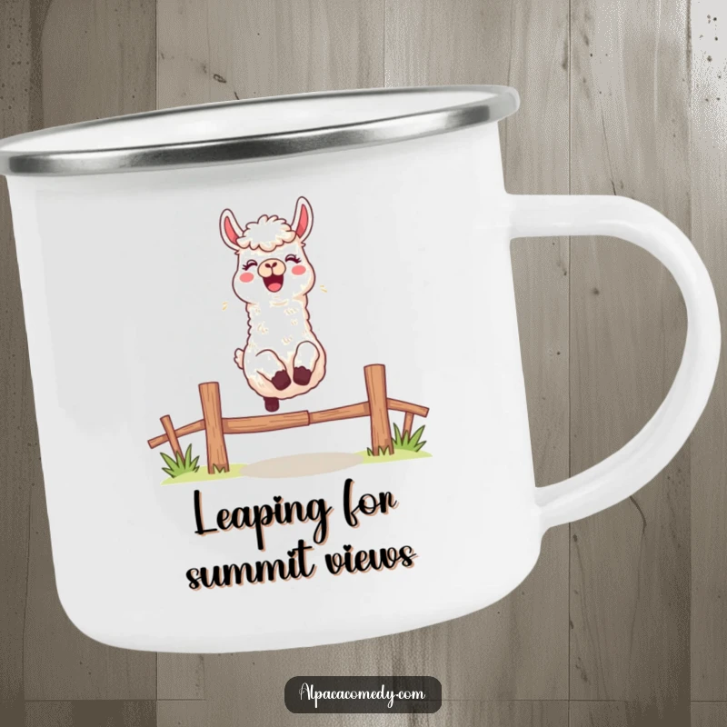 Funny camping mug featuring an excited alpaca character leaping over a fence with a cheerful bleat, ready for the wild.