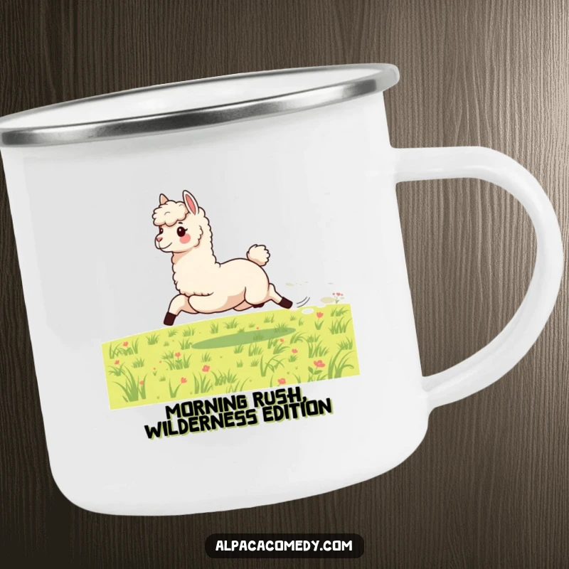 Funny camping mug featuring an energetic alpaca galloping with speed across a meadow, ideal for adventurers who love to move fast.