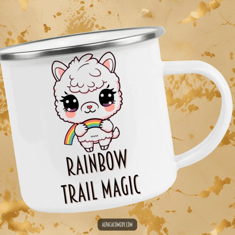 Funny camping mug with a curious alpaca holding a colorful rainbow, perfect for outdoor adventures and magical humor.