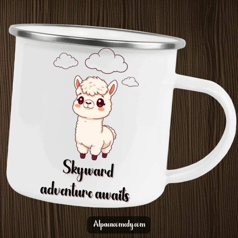 Funny Alpaca Camping Mug: An alpaca curiously gazing at fluffy clouds, bringing a funny sense of peace to camping.