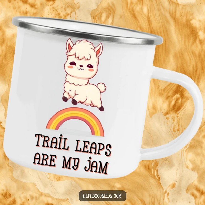 Funny Camping Mug: Sturdy kawaii alpaca leaping over a rainbow, designed for outdoor adventures and happy sipping.