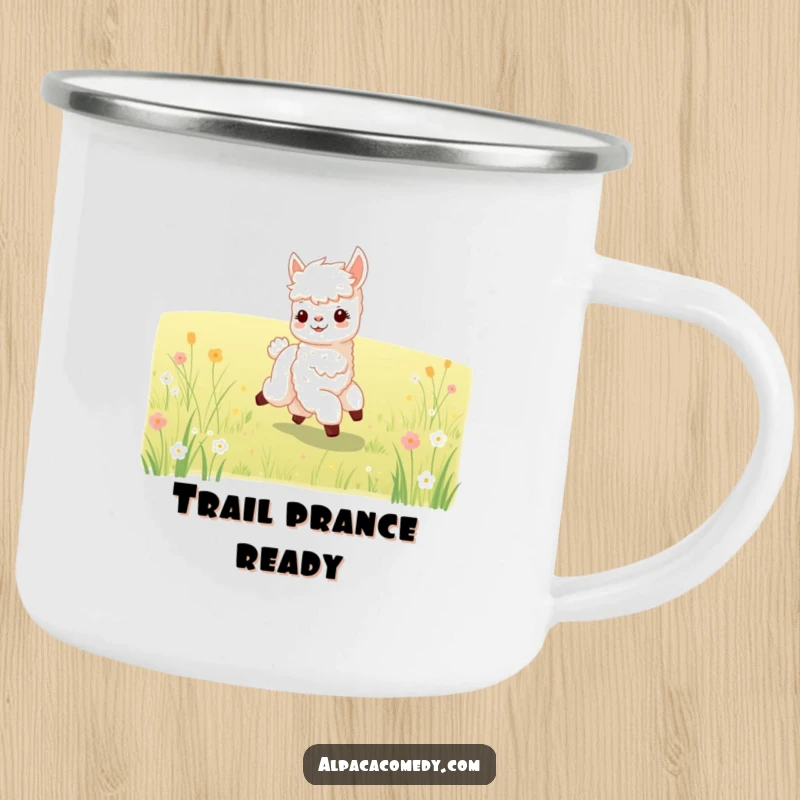 Funny camping mug with a happy baby alpaca prancing through a meadow, perfect for outdoor adventures and cute humor.