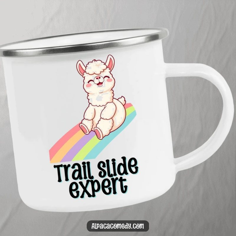 Funny Alpaca Camping Mug: A giggling alpaca slides down a rainbow with excitement, ready for outdoor fun and warm drinks.