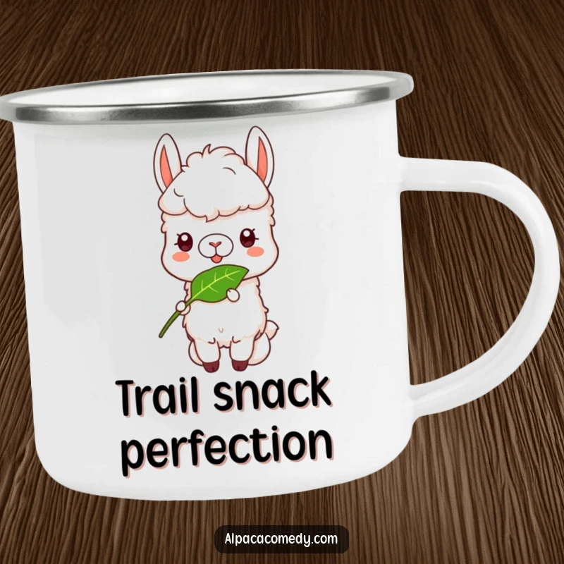 Funny Alpaca Camping Mug: A happy alpaca enjoying a leaf, bringing a funny sense of peace to camping.