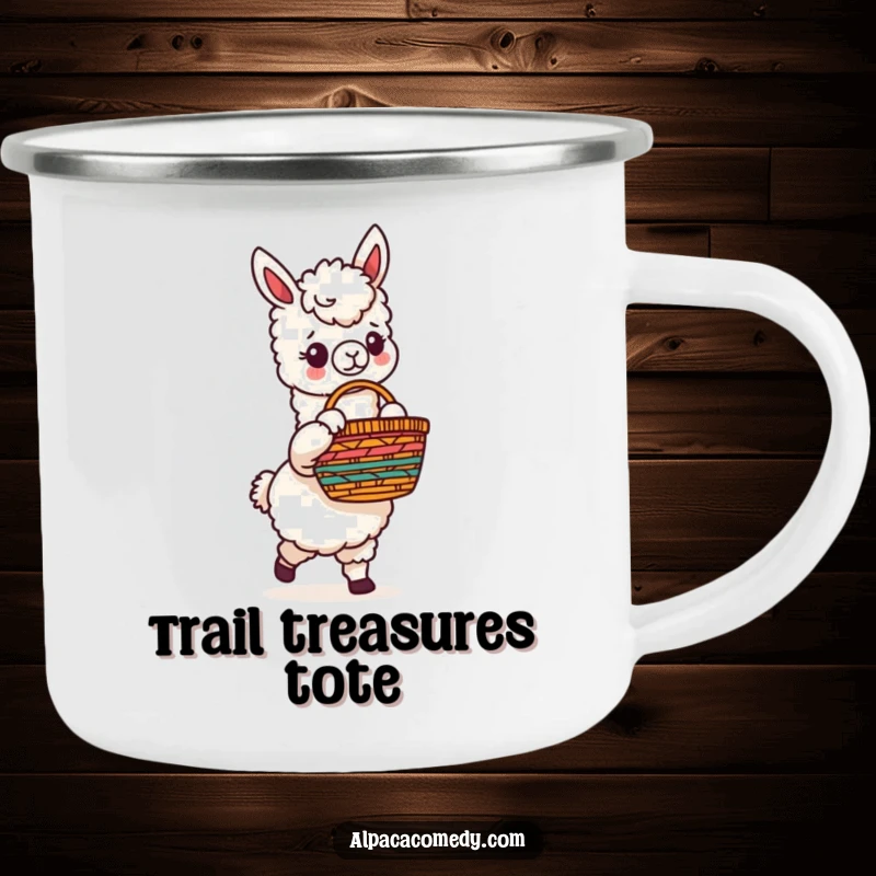Funny camping mug with an adventurous alpaca character carrying a vibrant woven basket, ideal for enjoying beverages outdoors.