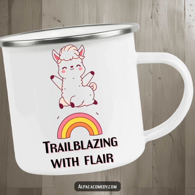 Funny Kawaii alpaca camping mug, leaping over a rainbow, its fluffy mane flying, ready for outdoor adventures and warm drinks.