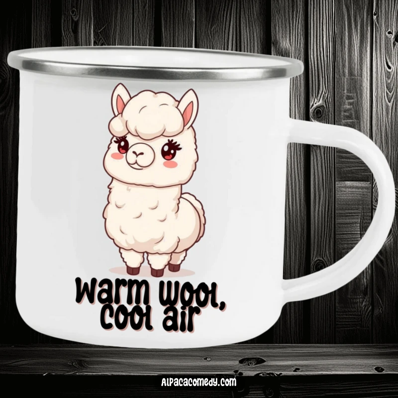 Funny camping mug showing a friendly alpaca offering a large, fluffy bundle of its soft wool, ideal for outdoor enthusiasts.