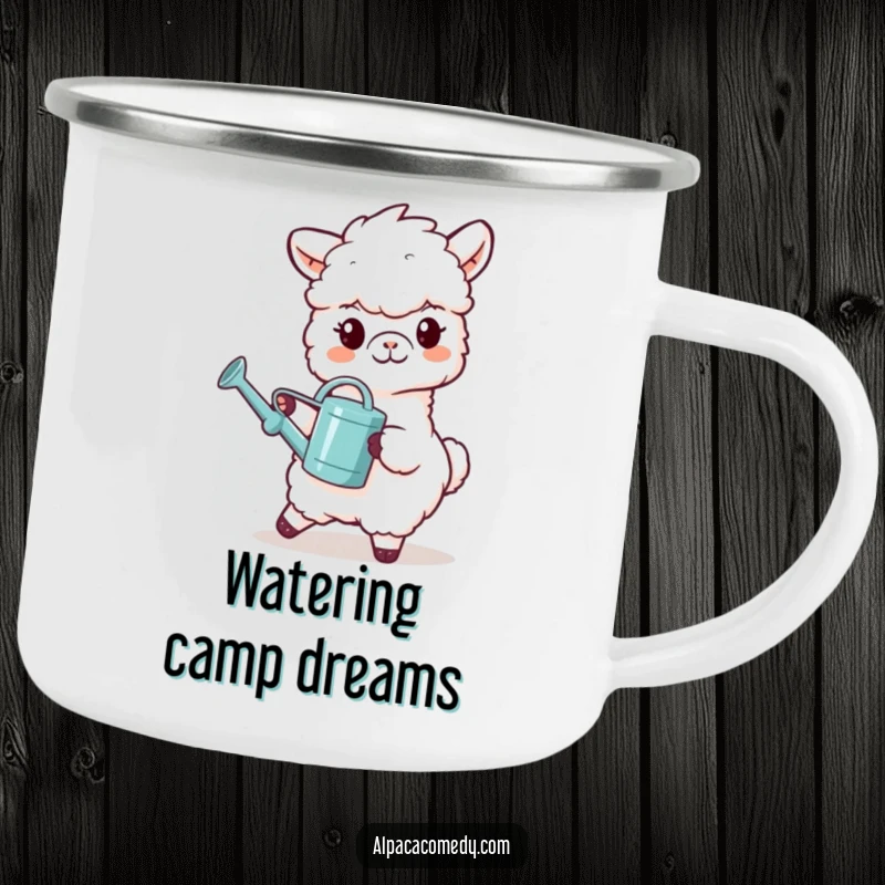 Funny camping mug featuring a grinning alpaca character carrying a tiny watering can, perfect for nurturing outdoor moments.