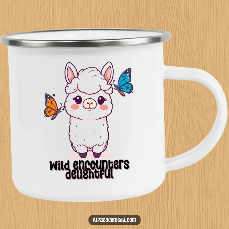 Funny Alpaca Camping Mug: An alpaca with a funny, surprised look at a fluttering butterfly, enjoying nature's wonder.