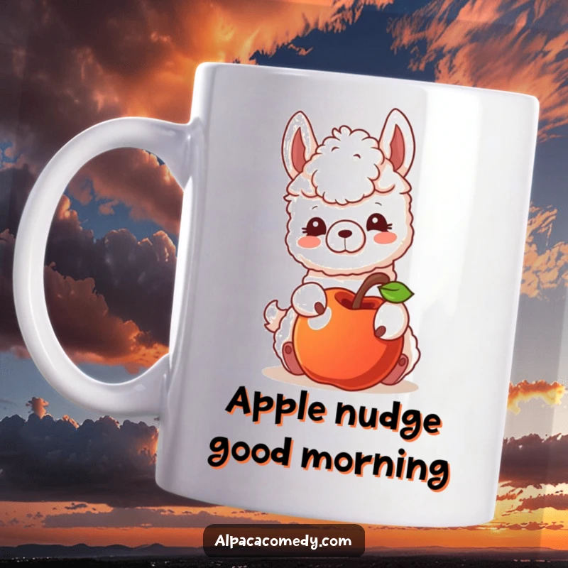 Funny mug featuring an alpaca character playfully nudging a round, red apple as it gently rolls away, capturing a moment of curiosity.