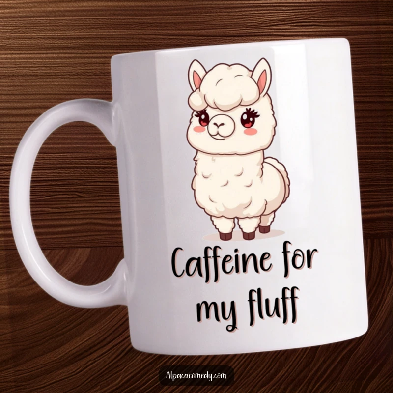 Funny mug showing a friendly alpaca holding out a large, fluffy bunch of its soft wool, perfect for gift-giving.